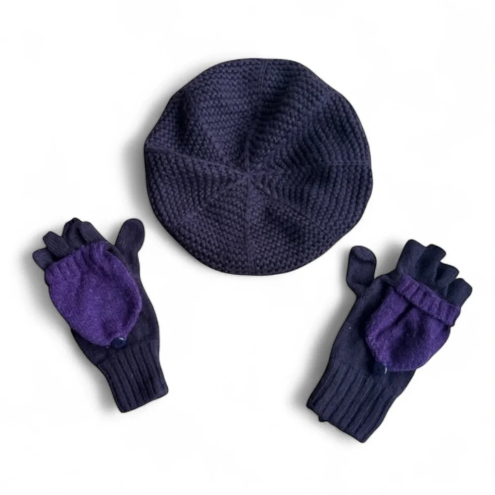 Banana Republic Viscose Cashmere Blend Beret Gloves Set Purple Plum